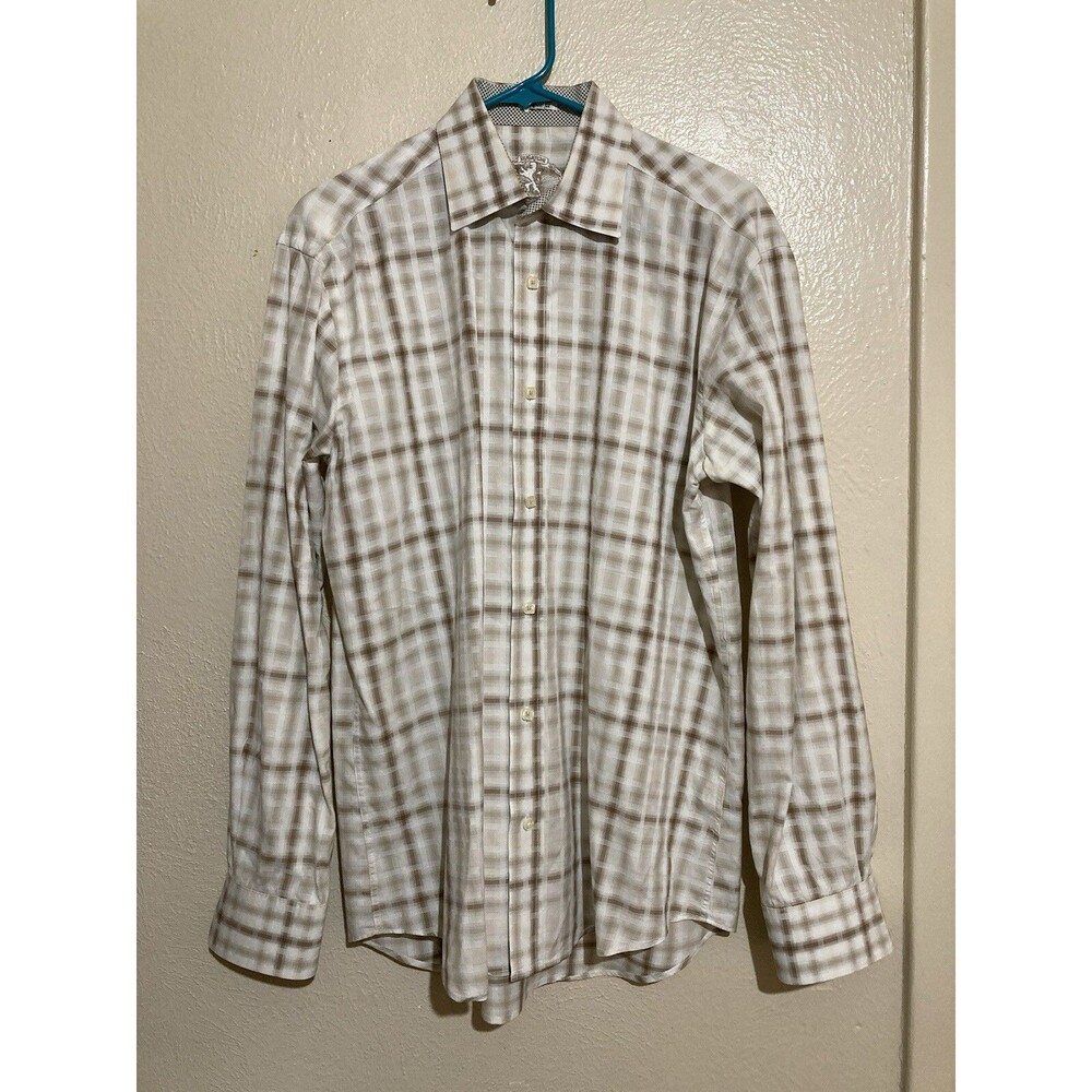 Bugatchi 15.5 Neck White Brown Plaid Lightweight Long Sleeve Shaped Fit.  #28